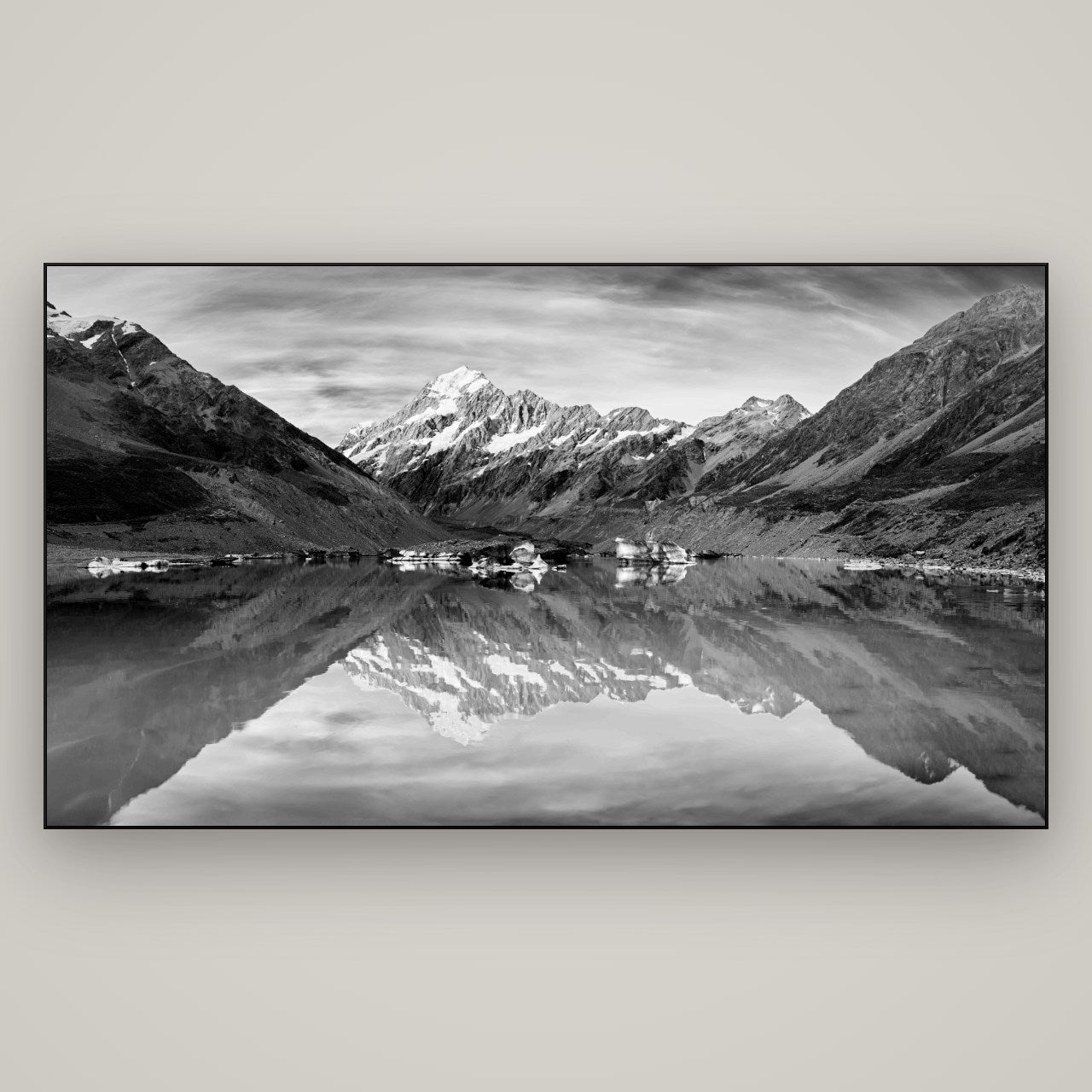 The Mirror Peak, Mount Cook — Slimline Black, 196×110 cm. New Zealand fine art wall art by Stephen Milner.
