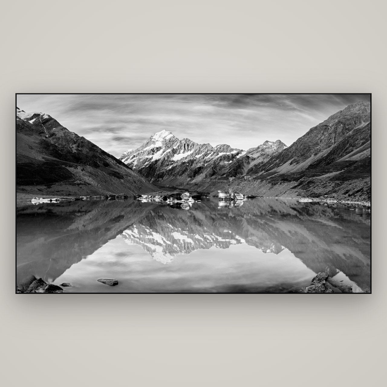 The Mirror Peak, Mount Cook — Slimline Black, 196×110 cm. New Zealand fine art wall art by Stephen Milner.