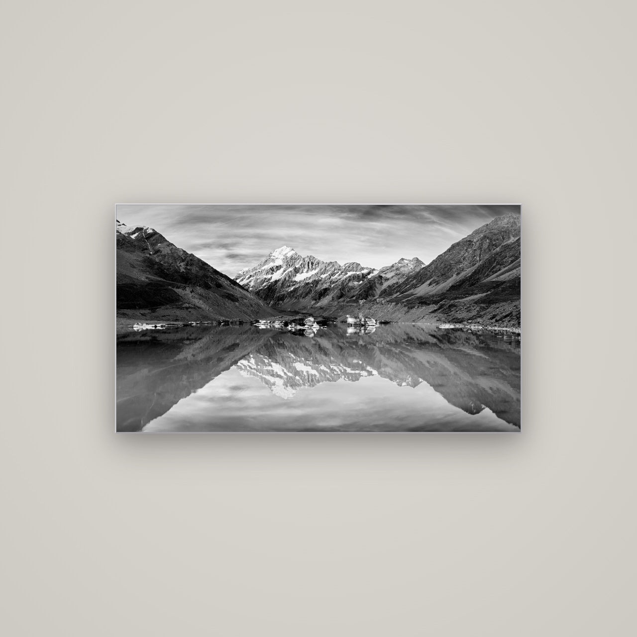 The Mirror Peak, Mount Cook — Slimline Silver, 107×60 cm. New Zealand fine art wall art by Stephen Milner.