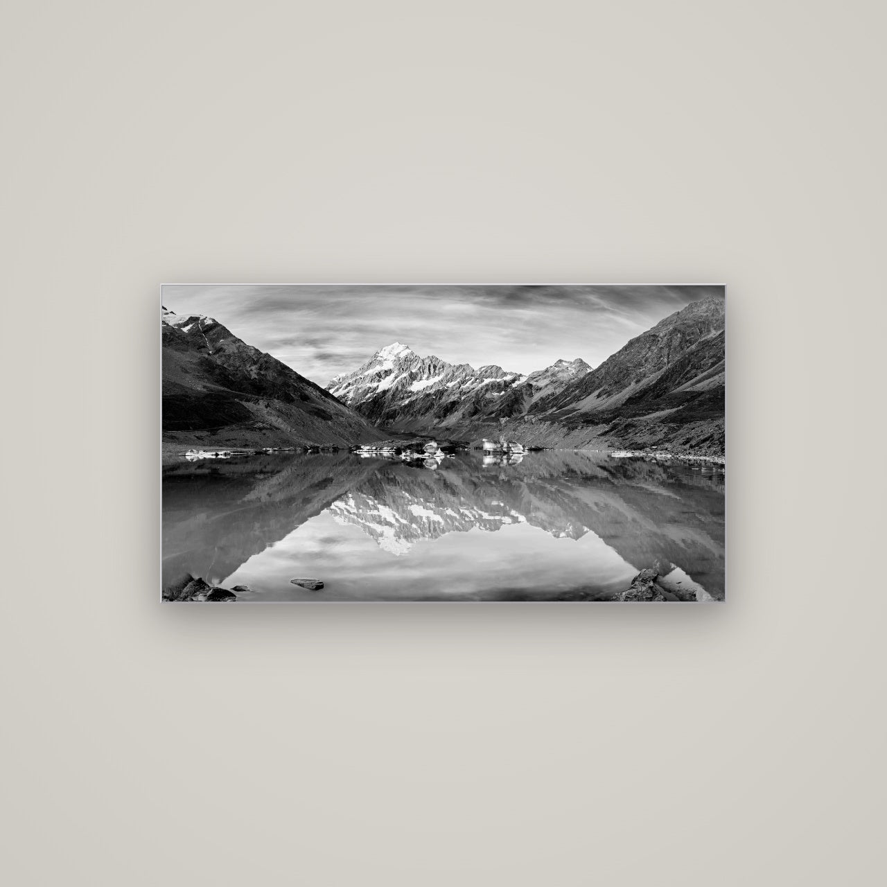 The Mirror Peak, Mount Cook — Slimline Silver, 107×60 cm. New Zealand fine art wall art by Stephen Milner.