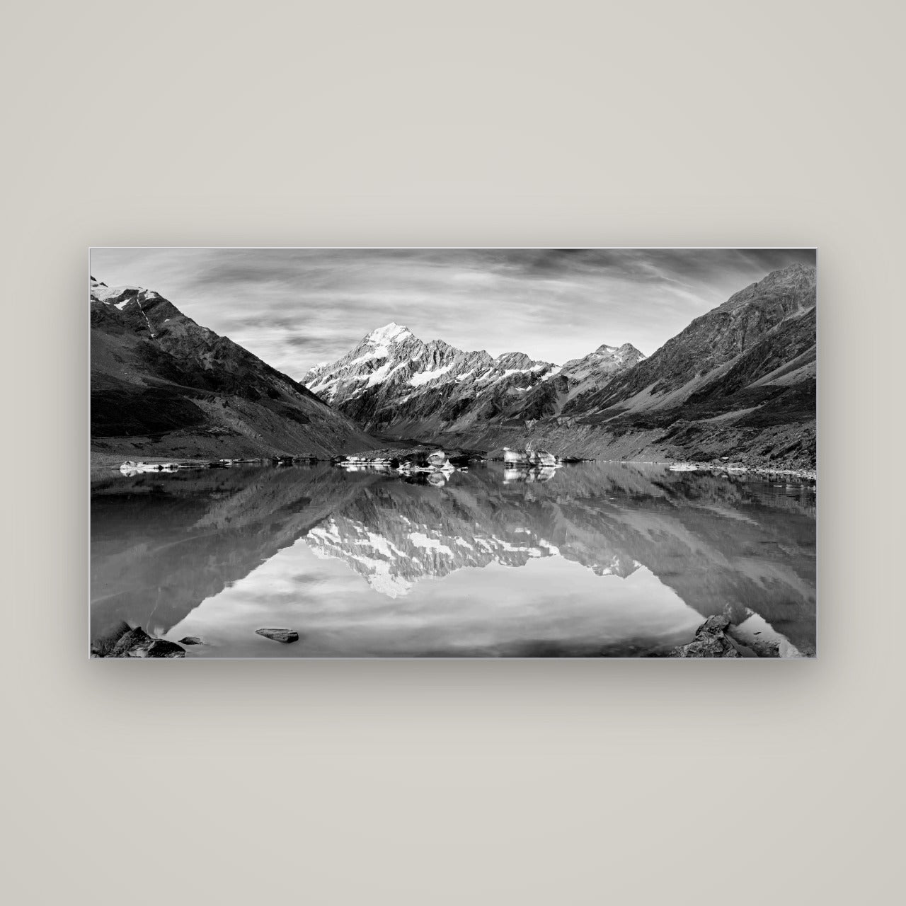 The Mirror Peak, Mount Cook — Slimline Silver, 160×90 cm. New Zealand fine art wall art by Stephen Milner.