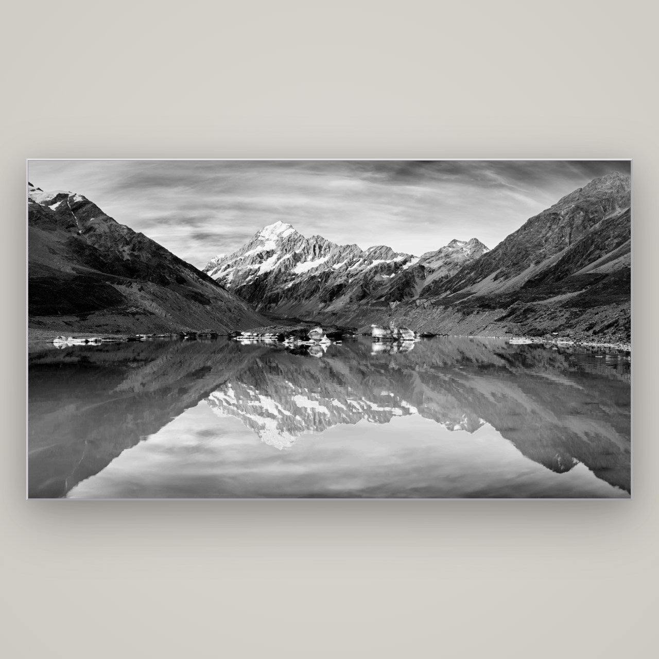 The Mirror Peak, Mount Cook — Slimline Silver, 196×110 cm. New Zealand fine art wall art by Stephen Milner.
