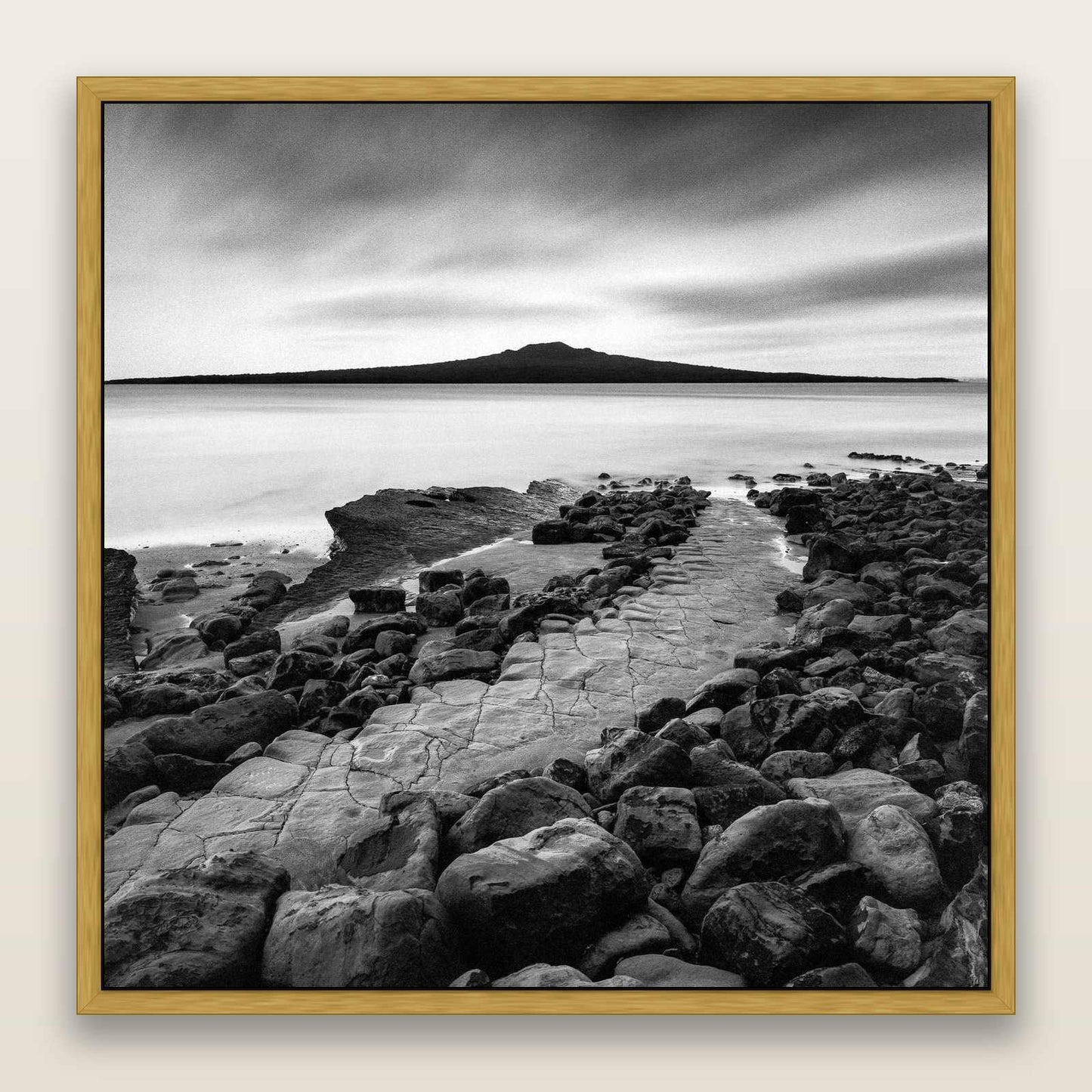 The Path to Rangitoto, Auckland Harbour — framed metallic canvas print, Antique Gold frame. New Zealand fine art landscape wall art by Stephen Milner.