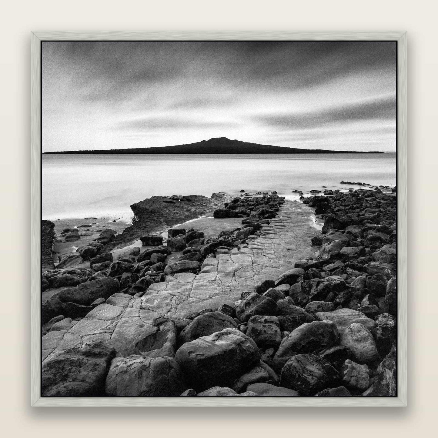 The Path to Rangitoto, Auckland Harbour — framed metallic canvas print, Antique Silver frame. New Zealand fine art landscape wall art by Stephen Milner.