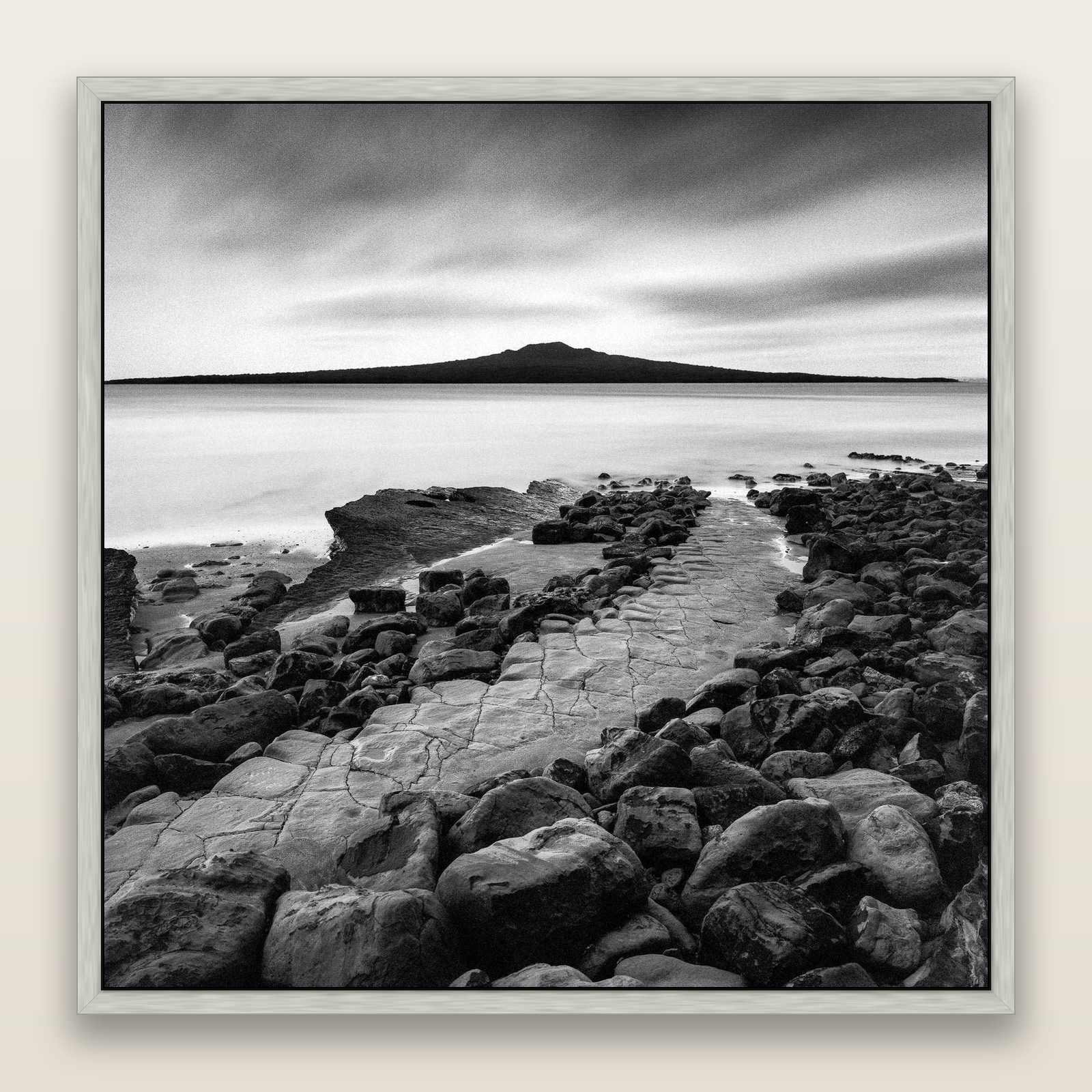 The Path to Rangitoto, Auckland Harbour — framed metallic canvas print, Antique Silver frame. New Zealand fine art landscape wall art by Stephen Milner.