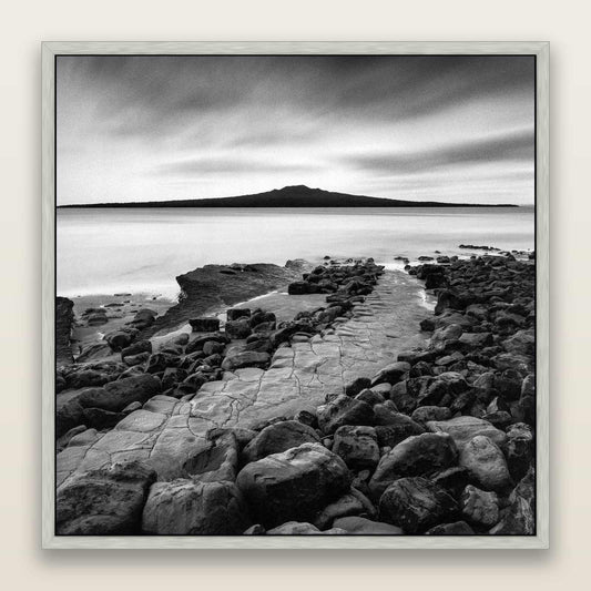 The Path to Rangitoto, Auckland Harbour — framed metallic canvas print, Antique Silver frame. New Zealand fine art landscape wall art by Stephen Milner.