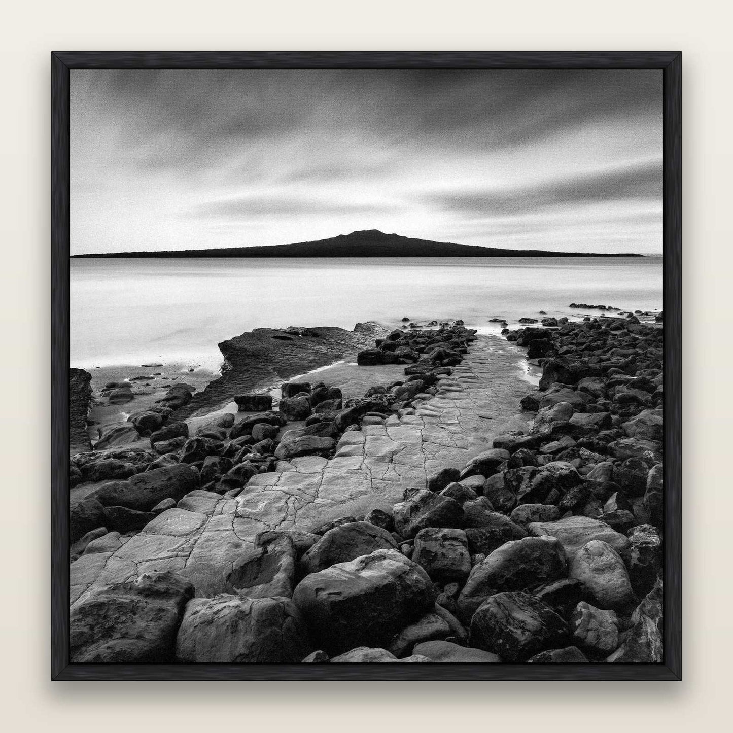 The Path to Rangitoto, Auckland Harbour — framed metallic canvas print, Black frame. New Zealand fine art landscape wall art by Stephen Milner.