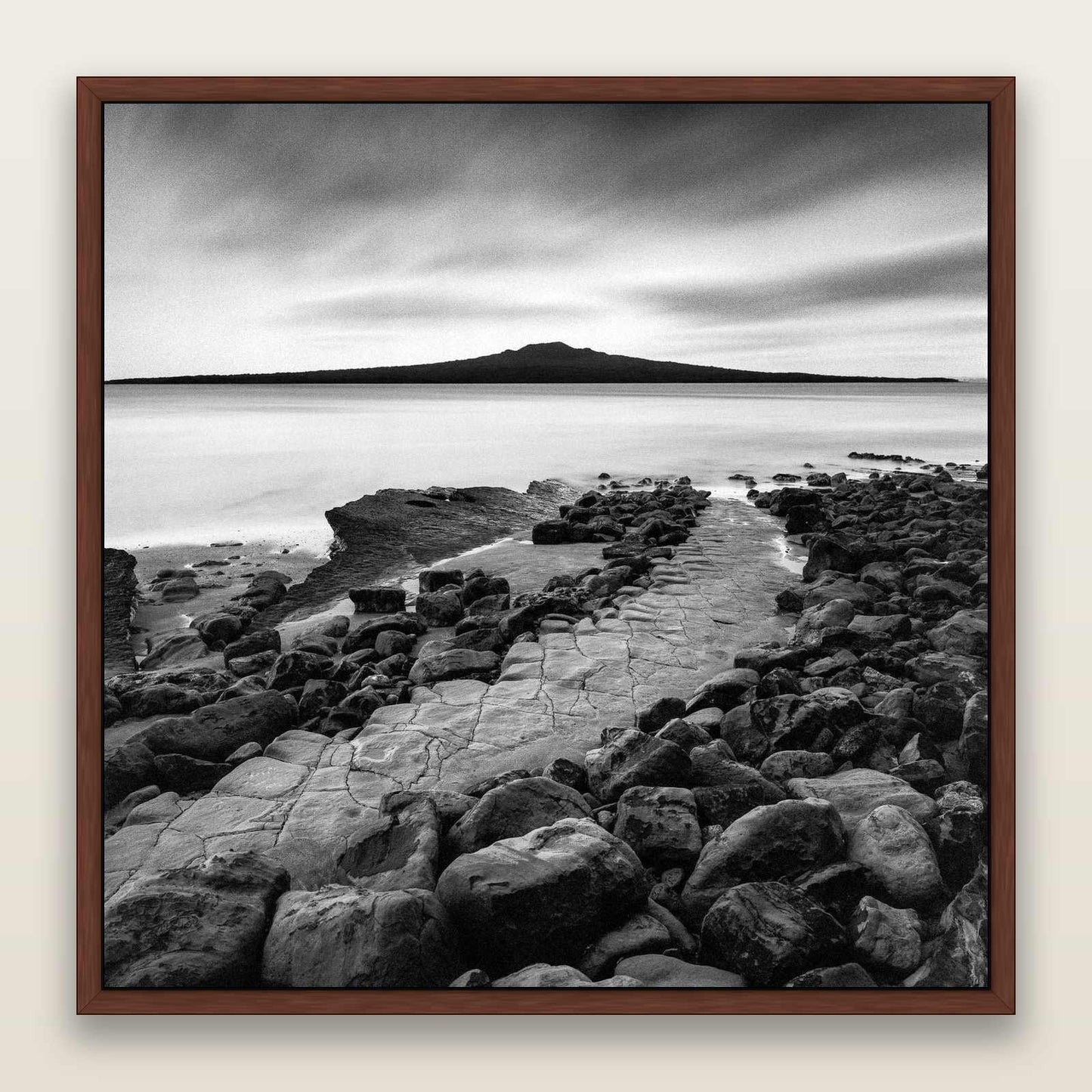 The Path to Rangitoto, Auckland Harbour — framed metallic canvas print, Brown frame. New Zealand fine art landscape wall art by Stephen Milner.