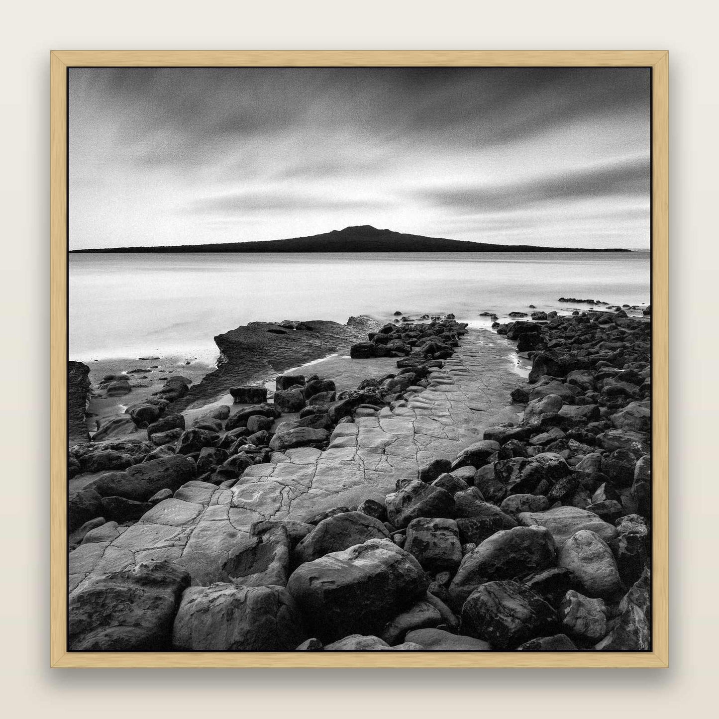 The Path to Rangitoto, Auckland Harbour — framed metallic canvas print, Natural frame. New Zealand fine art landscape wall art by Stephen Milner.