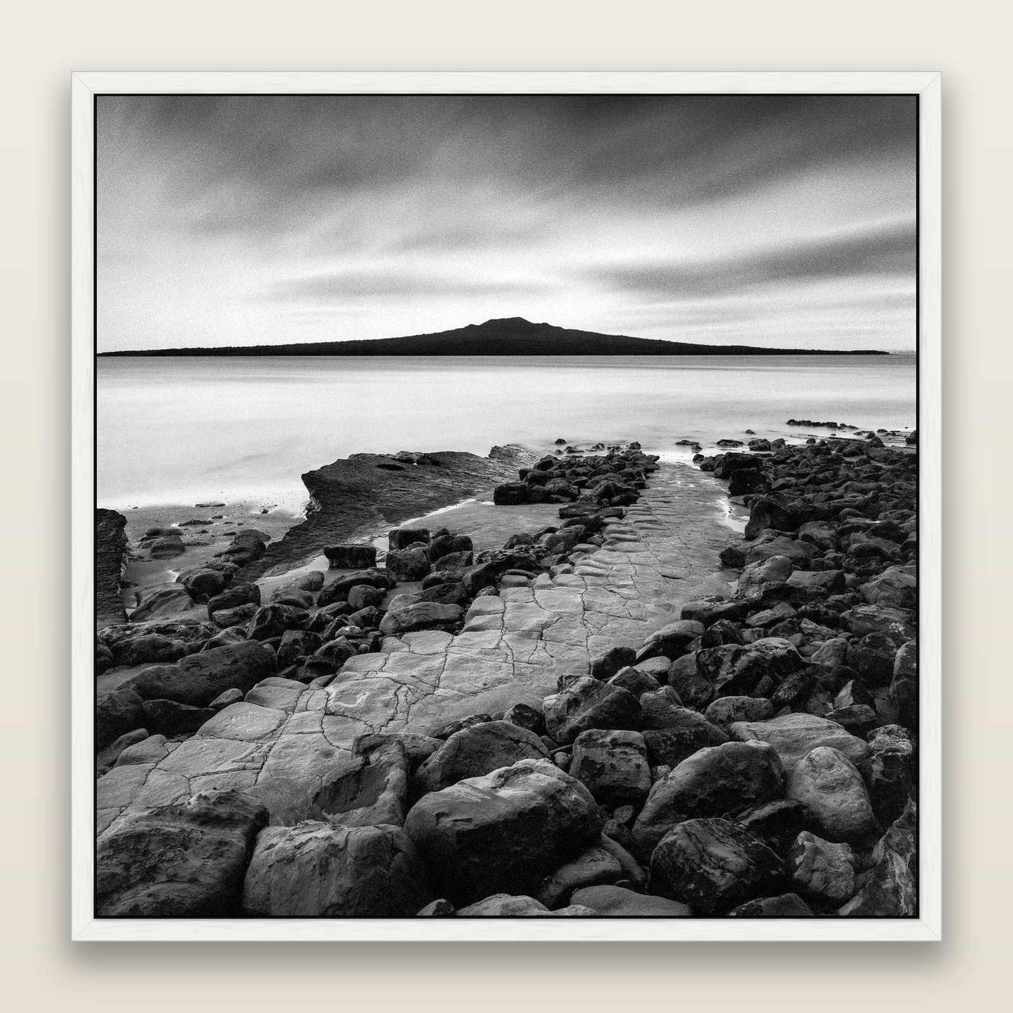 The Path to Rangitoto, Auckland Harbour — framed metallic canvas print, White frame. New Zealand fine art landscape wall art by Stephen Milner.