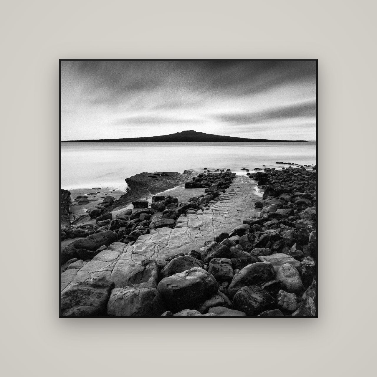 The Path to Rangitoto, Auckland Harbour — ArtBox Black, 120×120 cm. New Zealand fine art wall art by Stephen Milner.