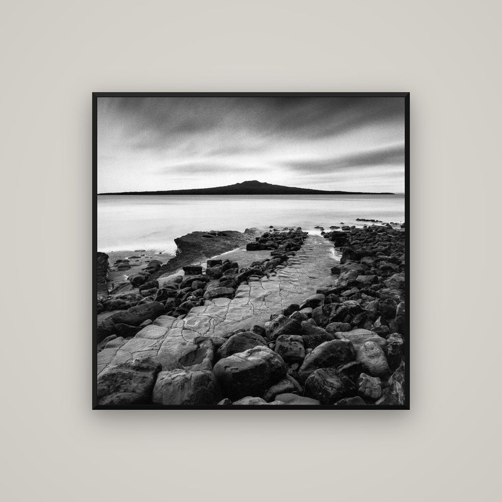 The Path to Rangitoto, Auckland Harbour — Basel Black Matte, 100×100 cm. New Zealand fine art wall art by Stephen Milner.