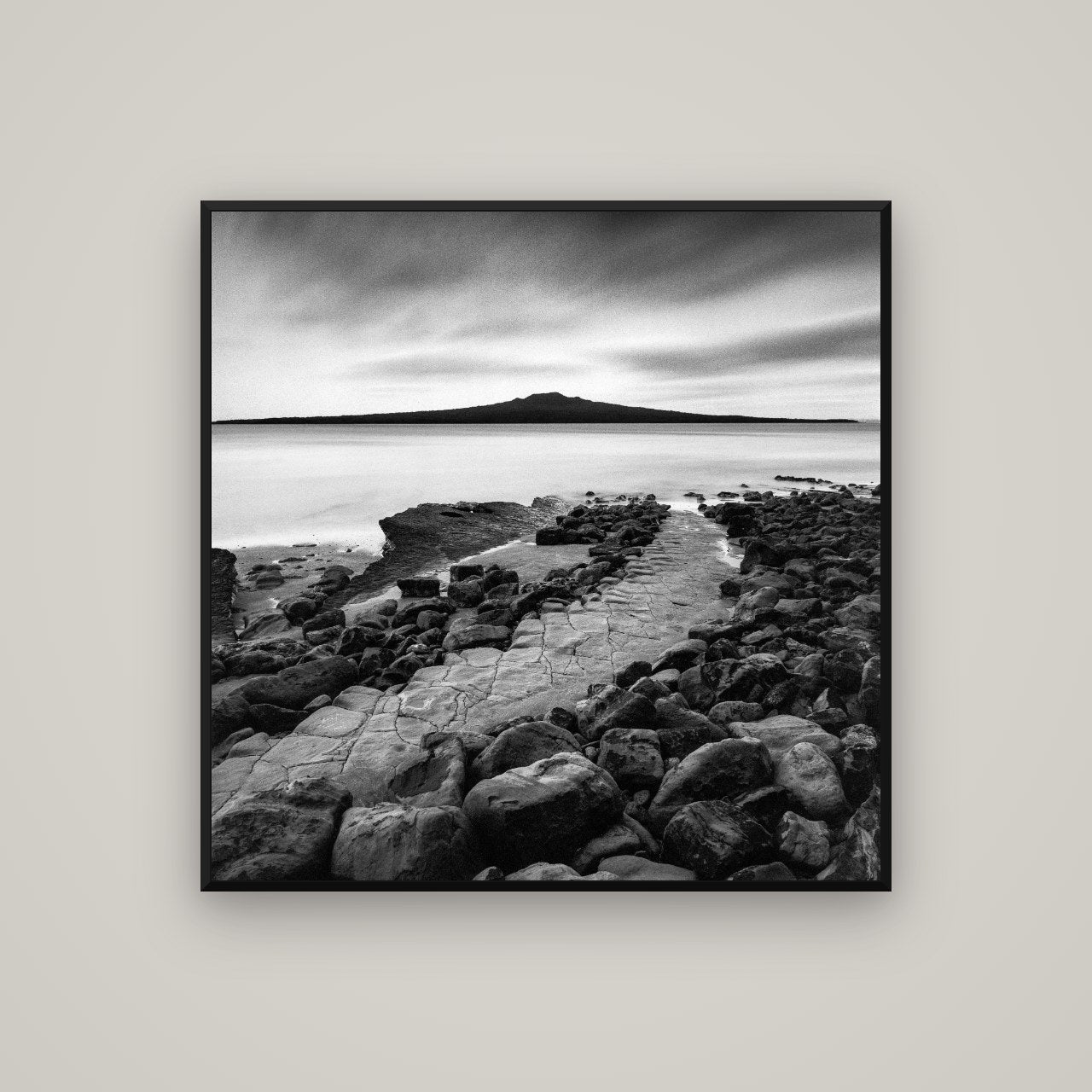 The Path to Rangitoto, Auckland Harbour — Basel Black, 100×100 cm. New Zealand fine art wall art by Stephen Milner.