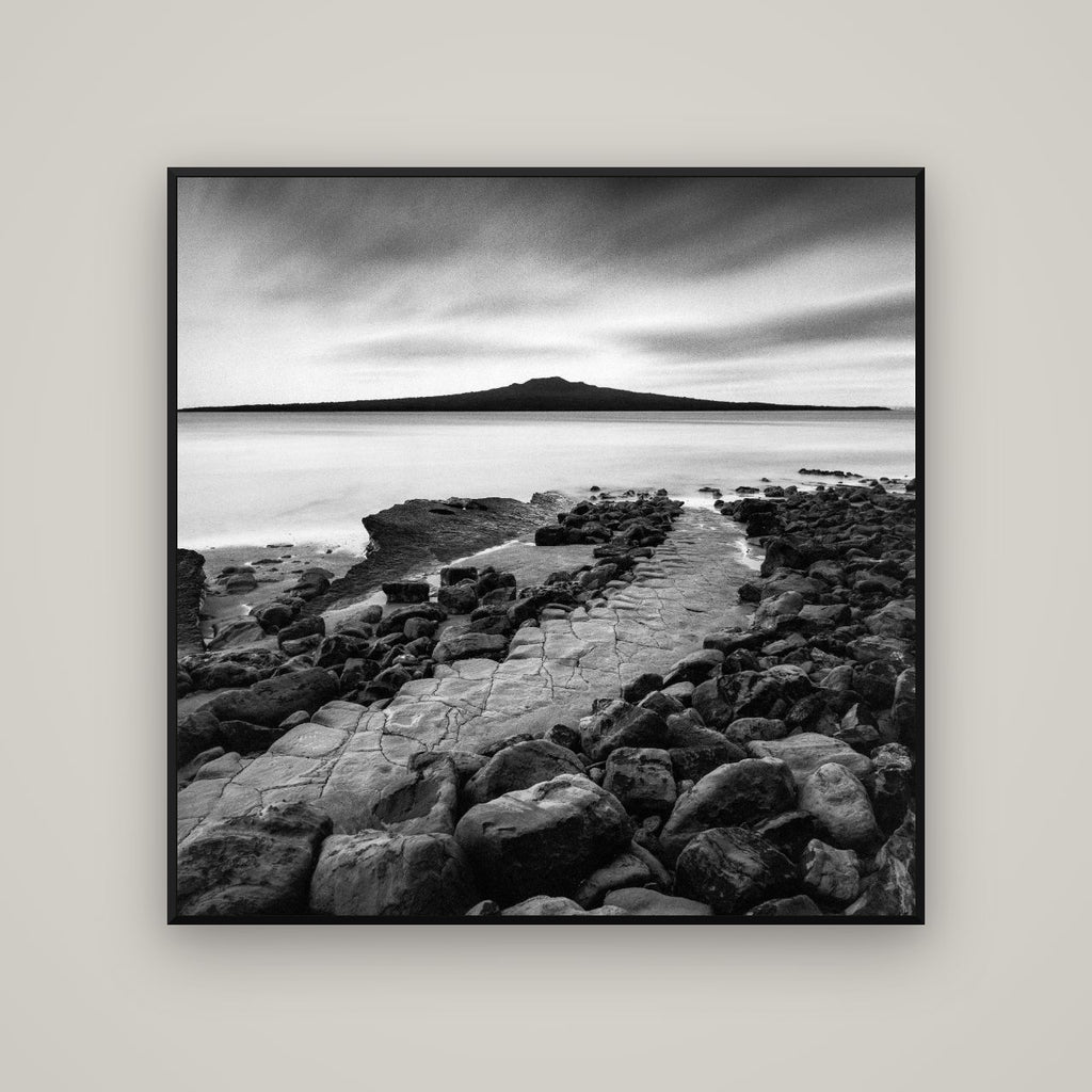 The Path to Rangitoto, Auckland Harbour — Basel Black Matte, 120×120 cm. New Zealand fine art wall art by Stephen Milner.