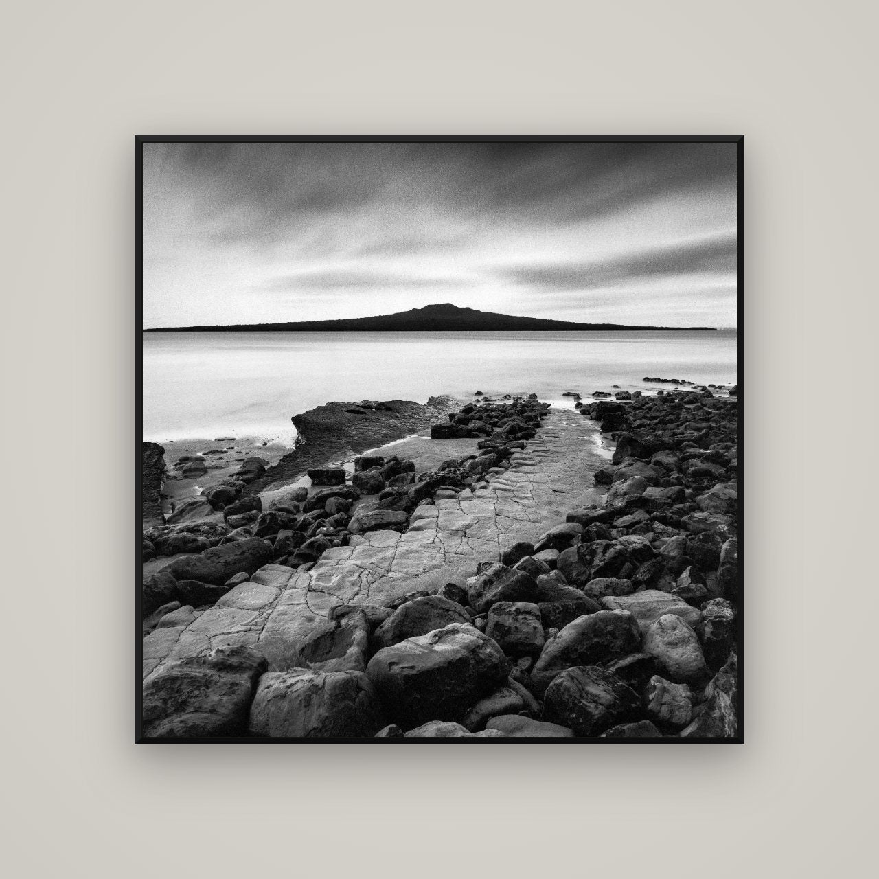 The Path to Rangitoto, Auckland Harbour — Basel Black, 120×120 cm. New Zealand fine art wall art by Stephen Milner.