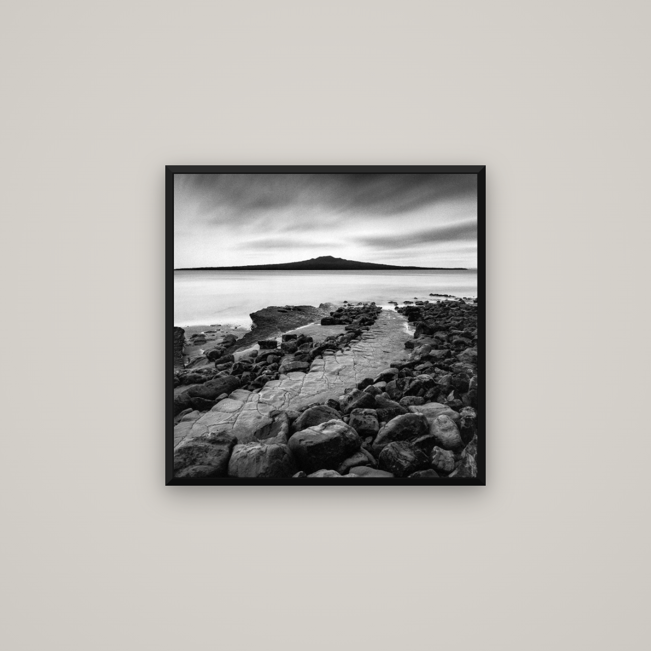 The Path to Rangitoto, Auckland Harbour — Basel Black Matte, 60×60 cm. New Zealand fine art wall art by Stephen Milner.