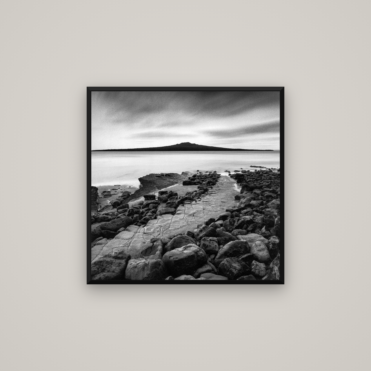 The Path to Rangitoto, Auckland Harbour — Basel Black Matte, 70×70 cm. New Zealand fine art wall art by Stephen Milner.