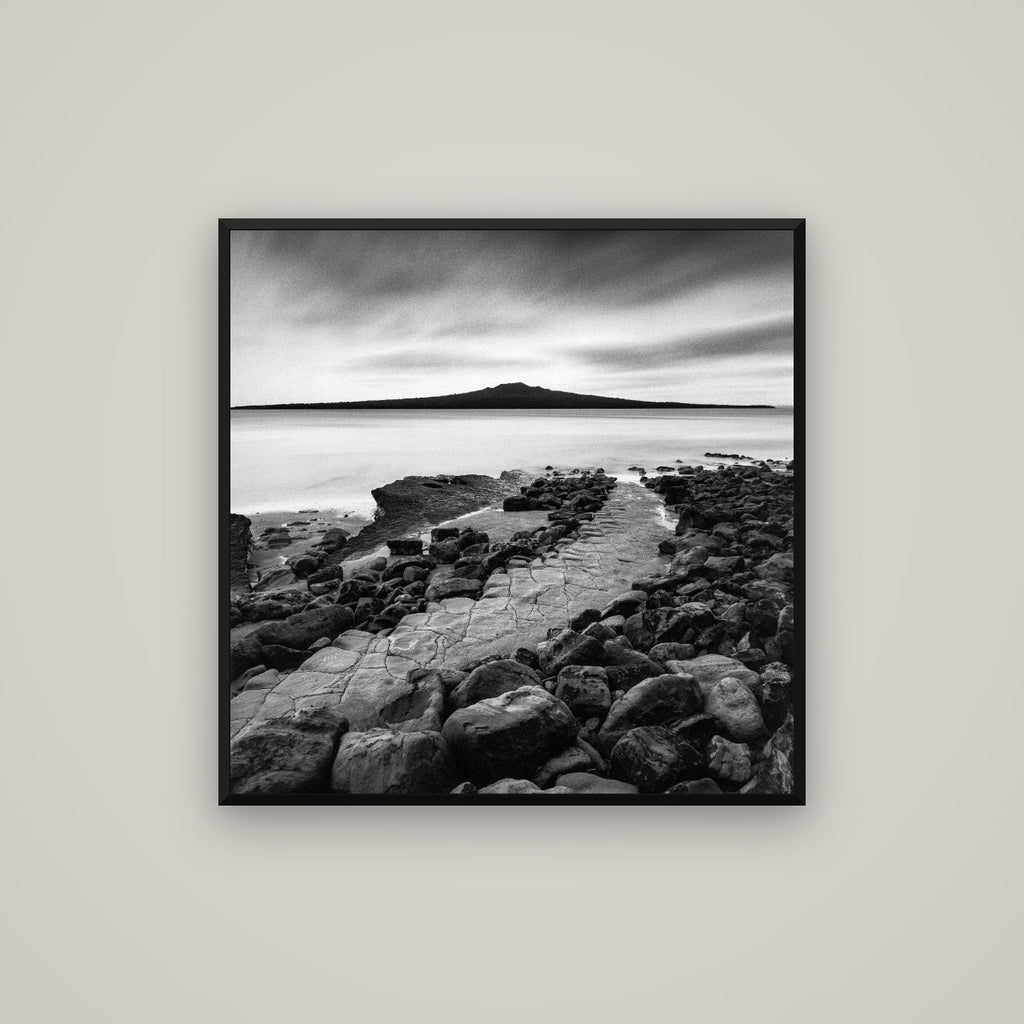 The Path to Rangitoto, Auckland Harbour — Basel Black Matte, 80×80 cm. New Zealand fine art wall art by Stephen Milner.
