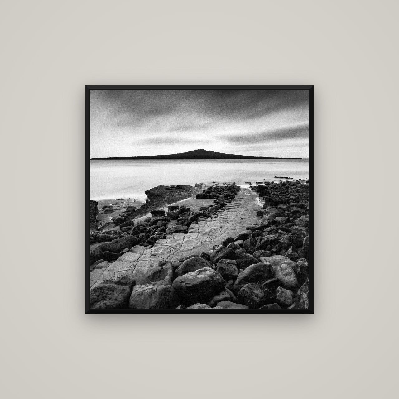The Path to Rangitoto, Auckland Harbour — Basel Black, 80×80 cm. New Zealand fine art wall art by Stephen Milner.