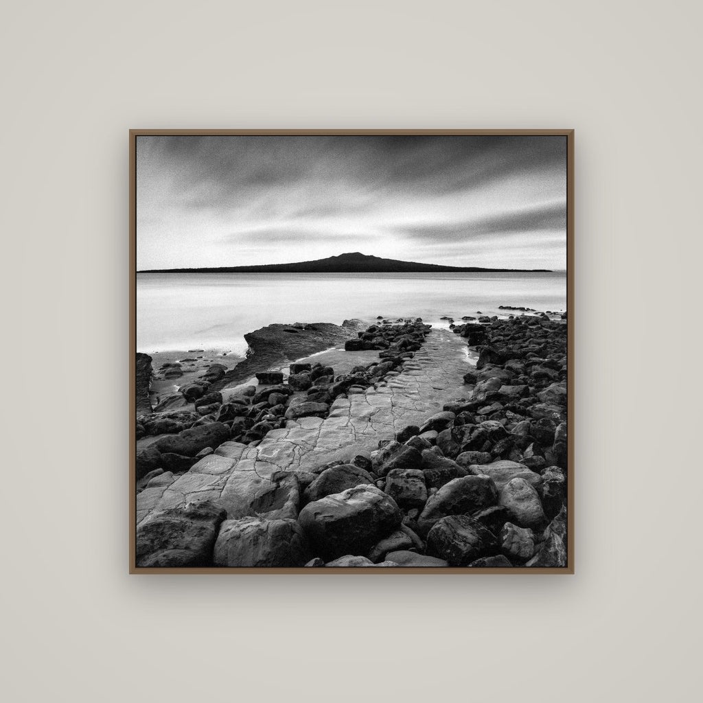 The Path to Rangitoto, Auckland Harbour, Basel Walnut, 100×100 cm. New Zealand fine art wall art by Stephen Milner.