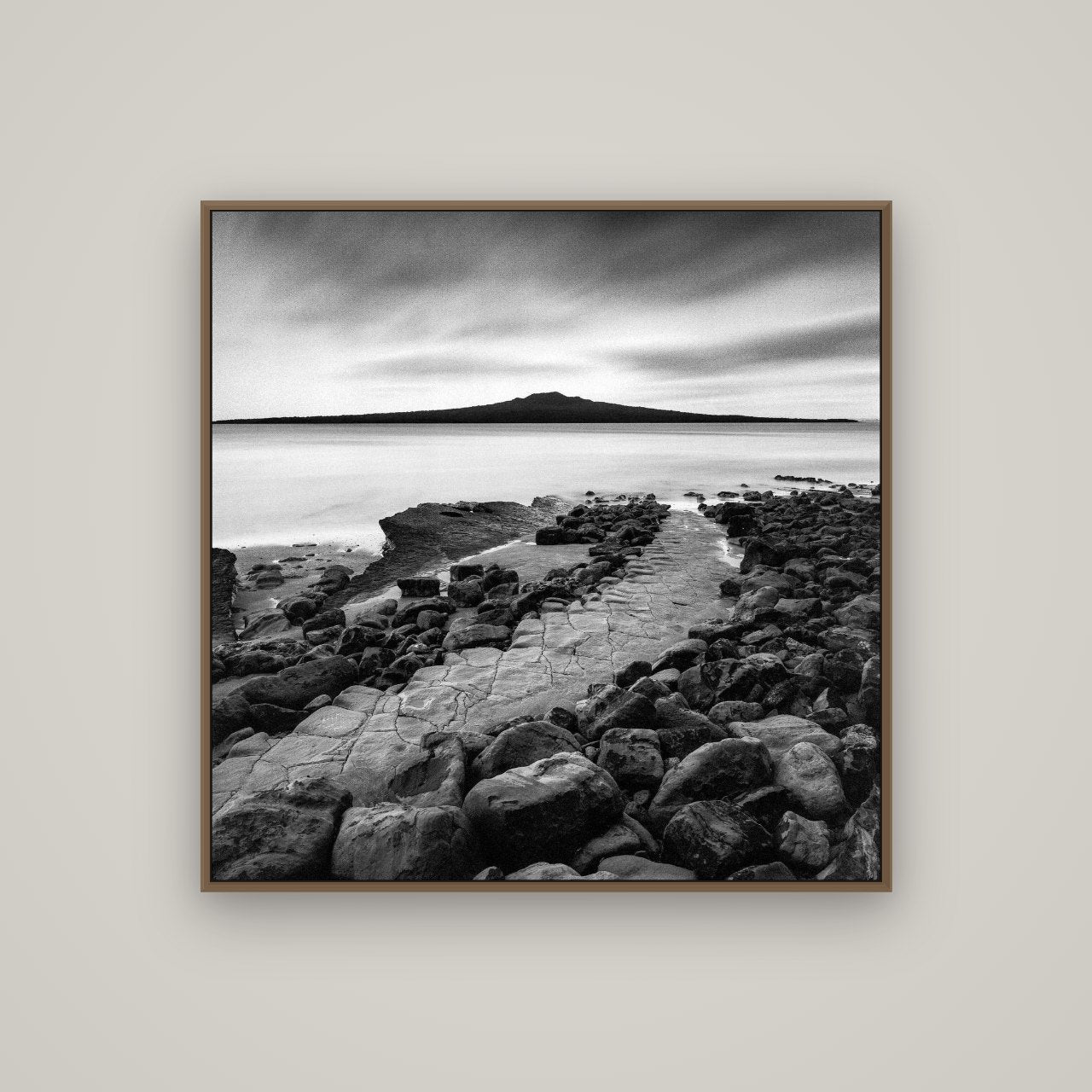 The Path to Rangitoto, Auckland Harbour, Basel Walnut, 100×100 cm. New Zealand fine art wall art by Stephen Milner.