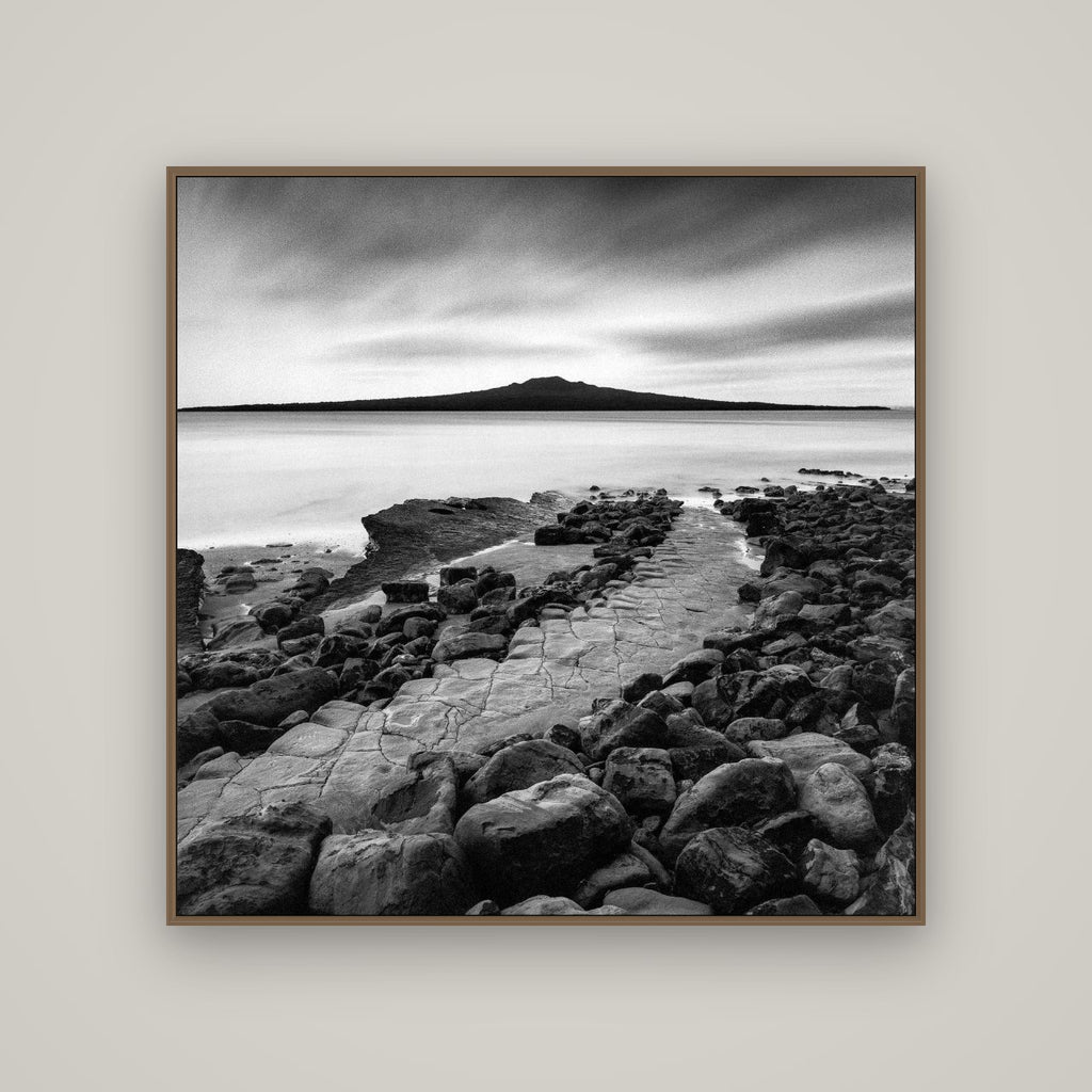 The Path to Rangitoto, Auckland Harbour, Basel Walnut, 120×120 cm. New Zealand fine art wall art by Stephen Milner.