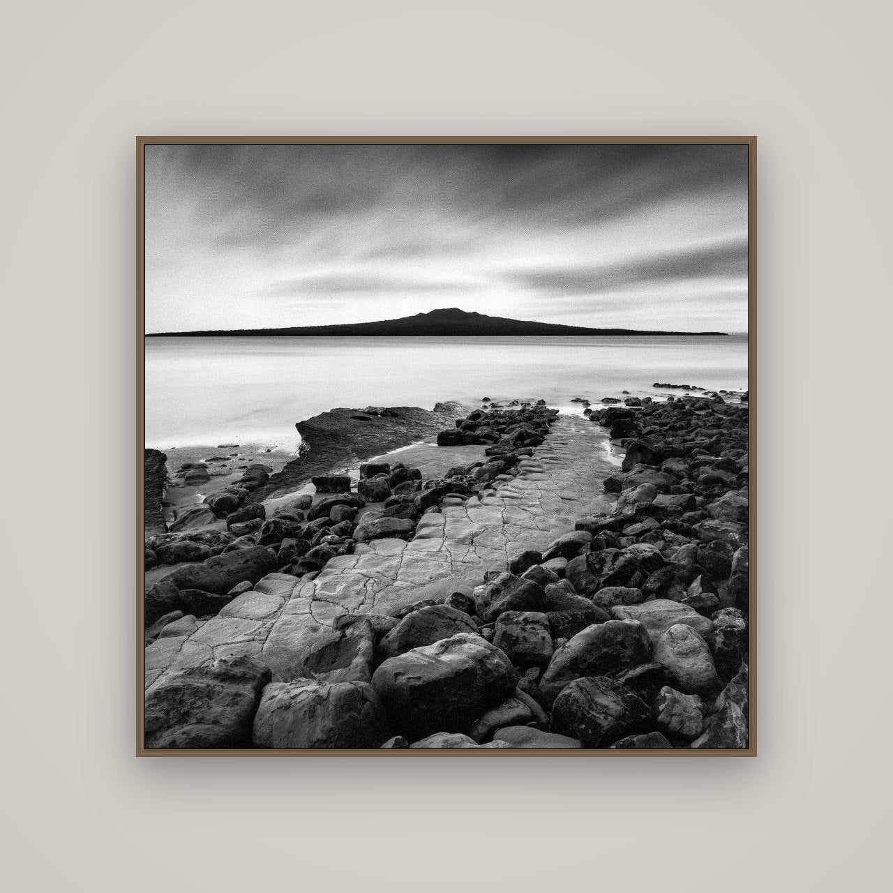 The Path to Rangitoto, Auckland Harbour, Basel Walnut, 120×120 cm. New Zealand fine art wall art by Stephen Milner.