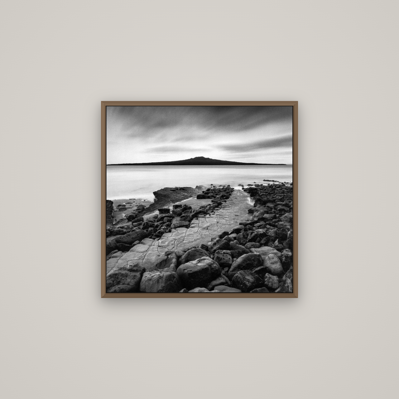 The Path to Rangitoto, Auckland Harbour, Basel Walnut, 60×60 cm. New Zealand fine art wall art by Stephen Milner.
