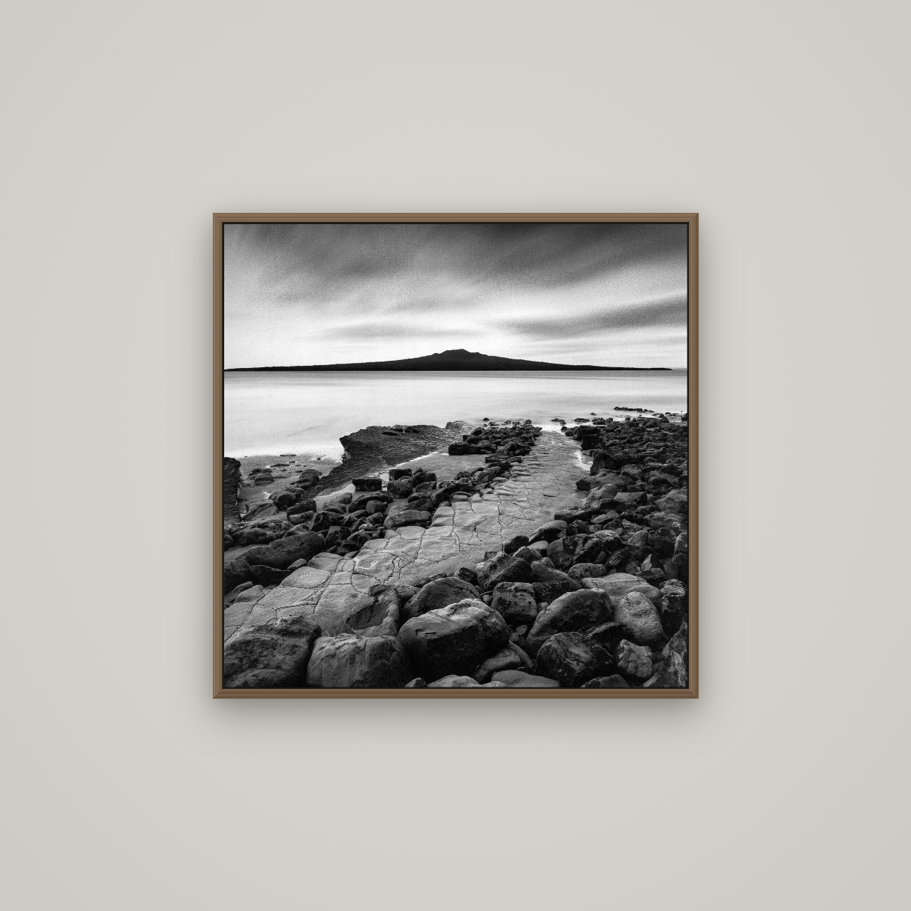 The Path to Rangitoto, Auckland Harbour, Basel Walnut, 70×70 cm. New Zealand fine art wall art by Stephen Milner.