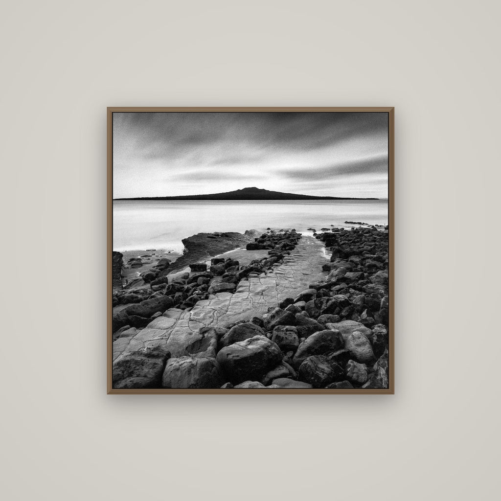 The Path to Rangitoto, Auckland Harbour, Basel Walnut, 80×80 cm. New Zealand fine art wall art by Stephen Milner.
