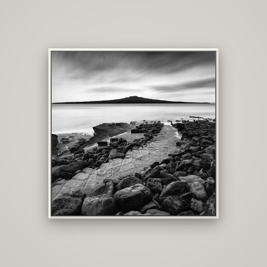 The Path to Rangitoto, Auckland Harbour — Basel White, 100×100 cm. New Zealand fine art wall art by Stephen Milner.