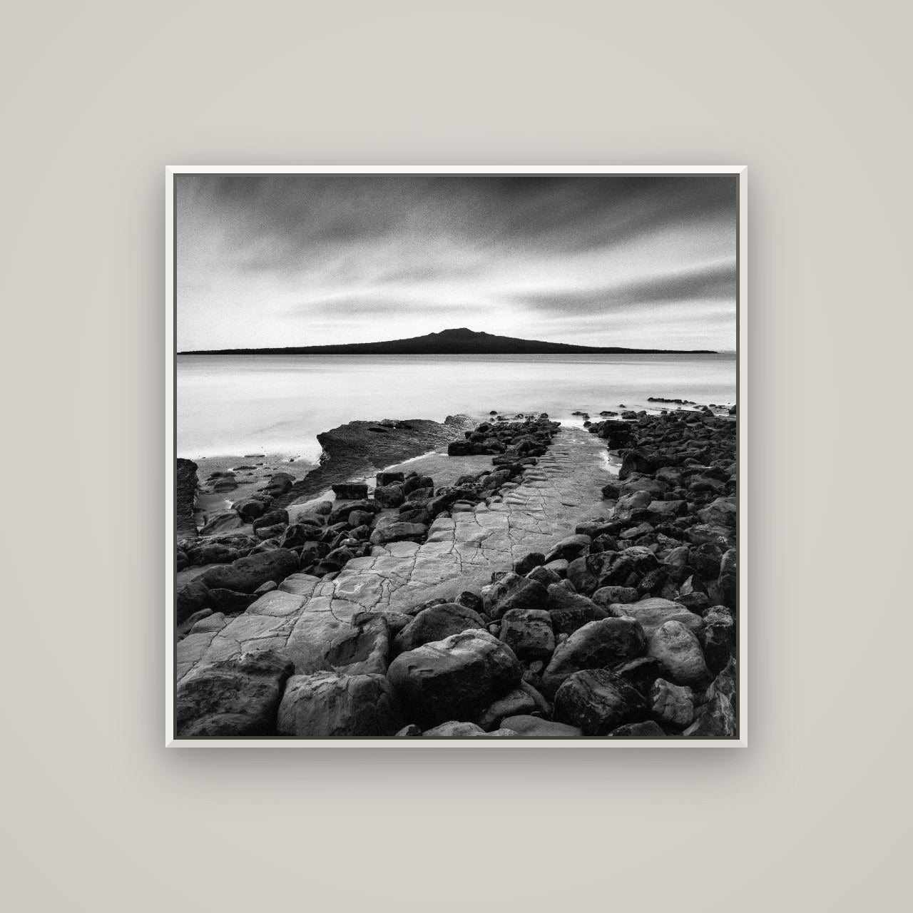 The Path to Rangitoto, Auckland Harbour — Basel White, 100×100 cm. New Zealand fine art wall art by Stephen Milner.