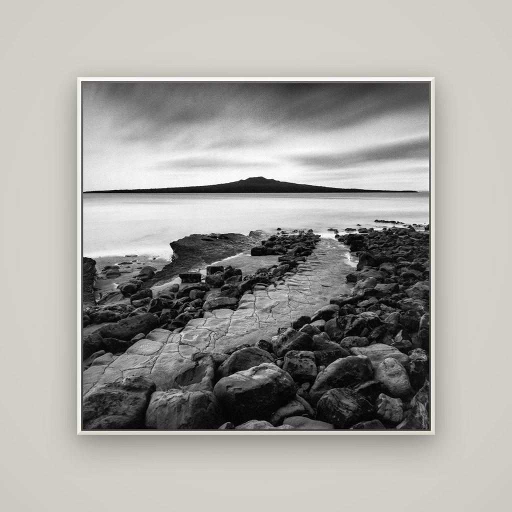The Path to Rangitoto, Auckland Harbour — Basel White, 120×120 cm. New Zealand fine art wall art by Stephen Milner.