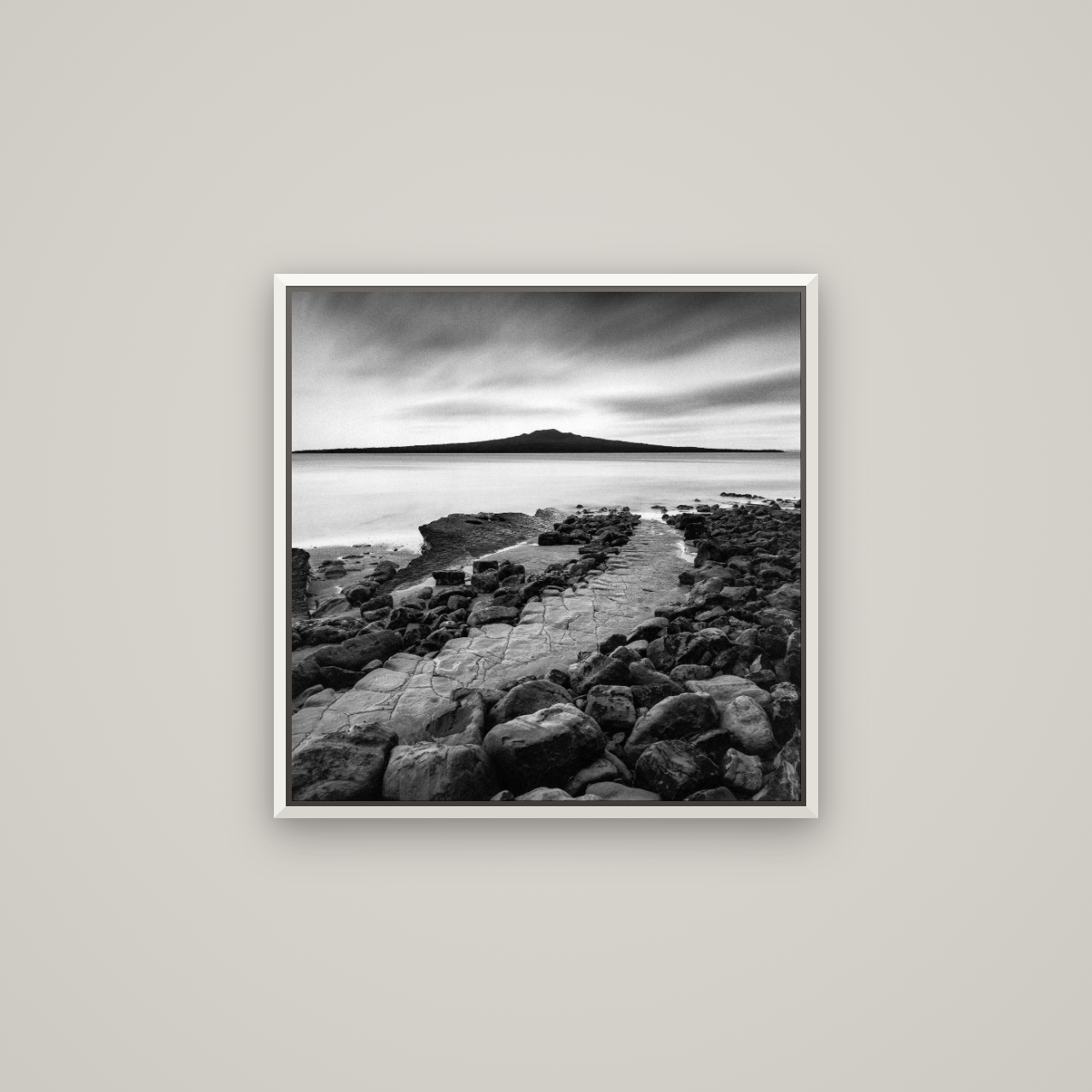The Path to Rangitoto, Auckland Harbour — Basel White, 60×60 cm. New Zealand fine art wall art by Stephen Milner.