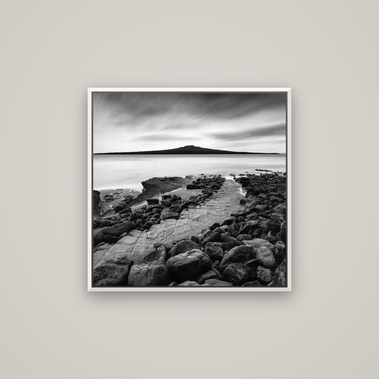 The Path to Rangitoto, Auckland Harbour — Basel White, 70×70 cm. New Zealand fine art wall art by Stephen Milner.