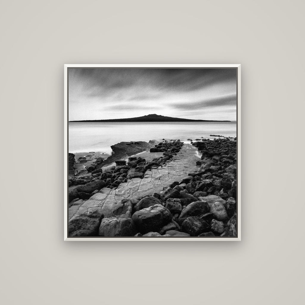 The Path to Rangitoto, Auckland Harbour — Basel White, 80×80 cm. New Zealand fine art wall art by Stephen Milner.
