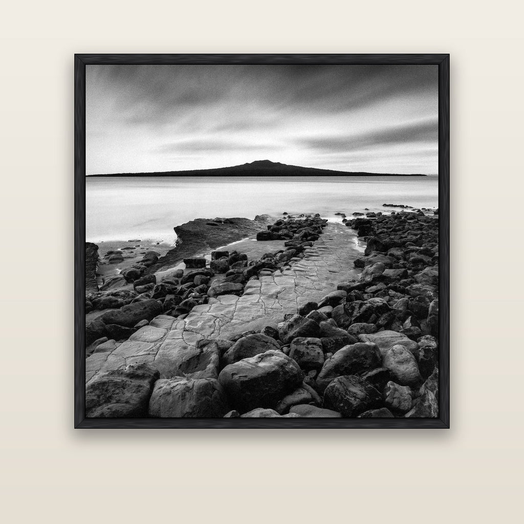 The Path to Rangitoto, Auckland Harbour — black float frame canvas, 133 × 133 cm. New Zealand fine art landscape wall art by Stephen Milner.
