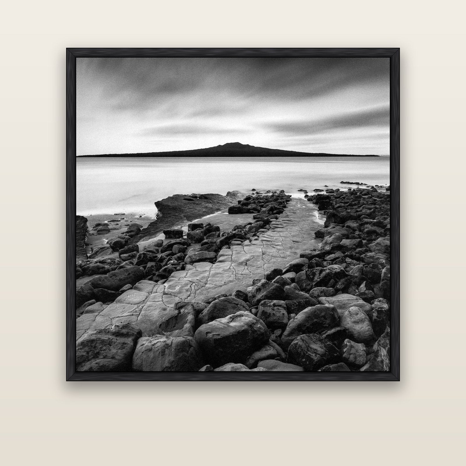 The Path to Rangitoto, Auckland Harbour — black float frame canvas, 133 × 133 cm. New Zealand fine art landscape wall art by Stephen Milner.