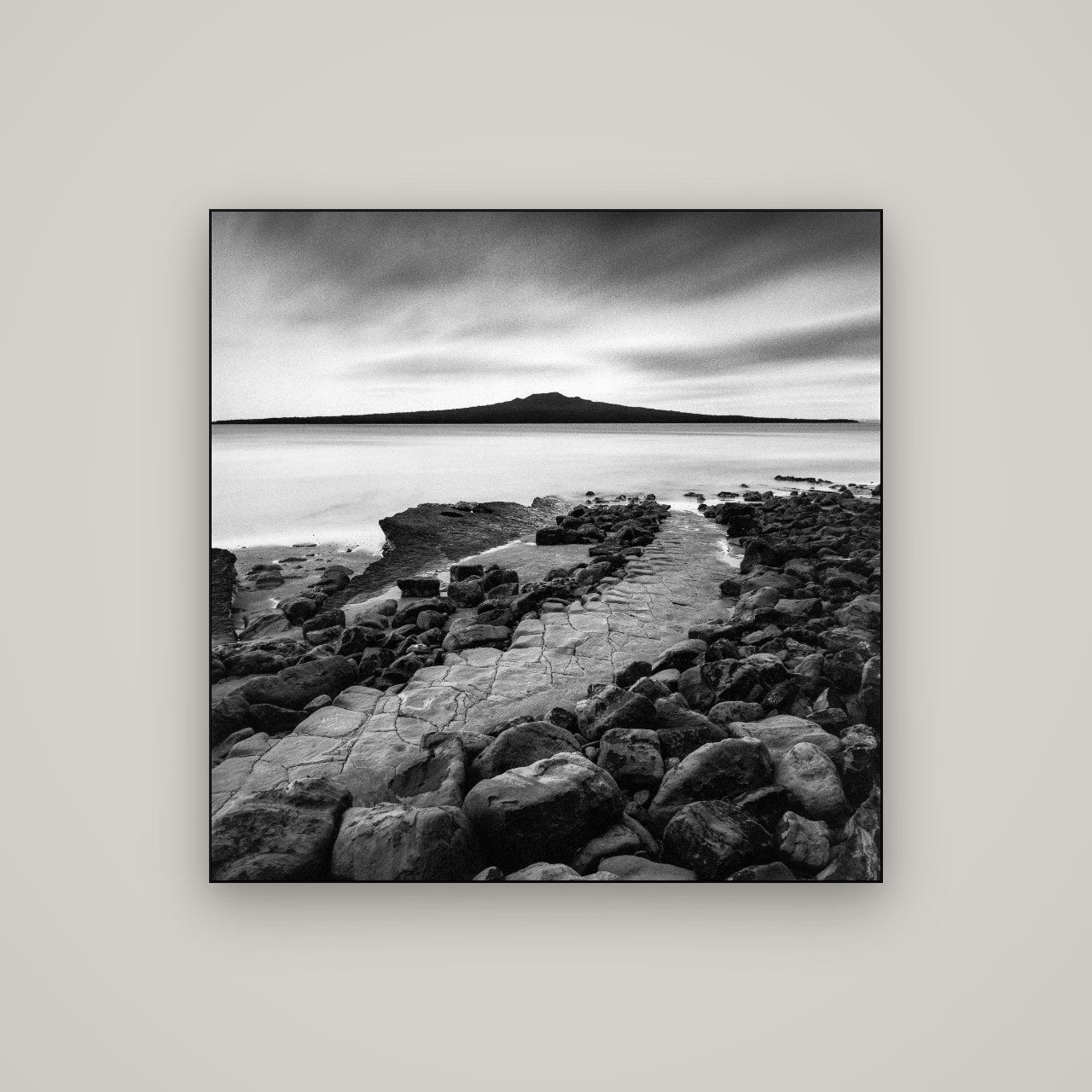 The Path to Rangitoto, Auckland Harbour — Slimline Black, 100×100 cm. New Zealand fine art wall art by Stephen Milner.