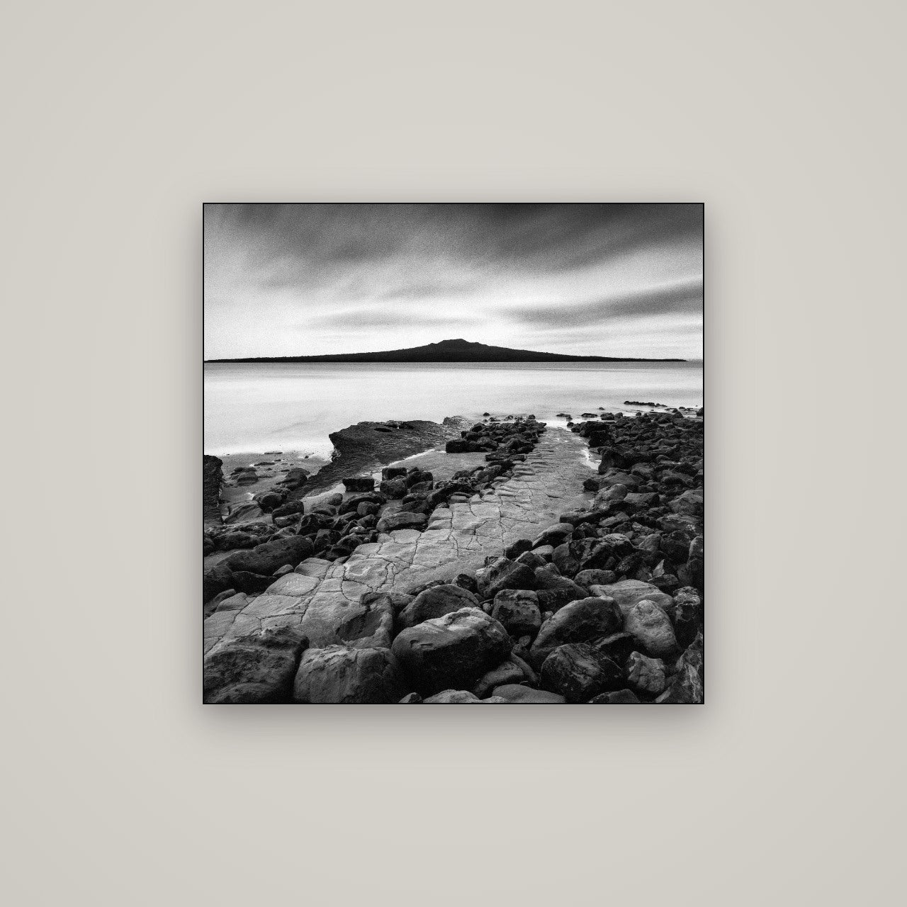 The Path to Rangitoto, Auckland Harbour — Slimline Black, 80×80 cm. New Zealand fine art wall art by Stephen Milner.