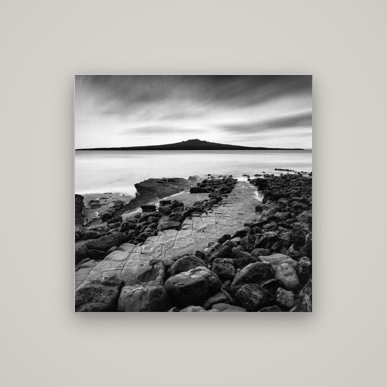 The Path to Rangitoto, Auckland Harbour — Slimline Silver, 100×100 cm. New Zealand fine art wall art by Stephen Milner.