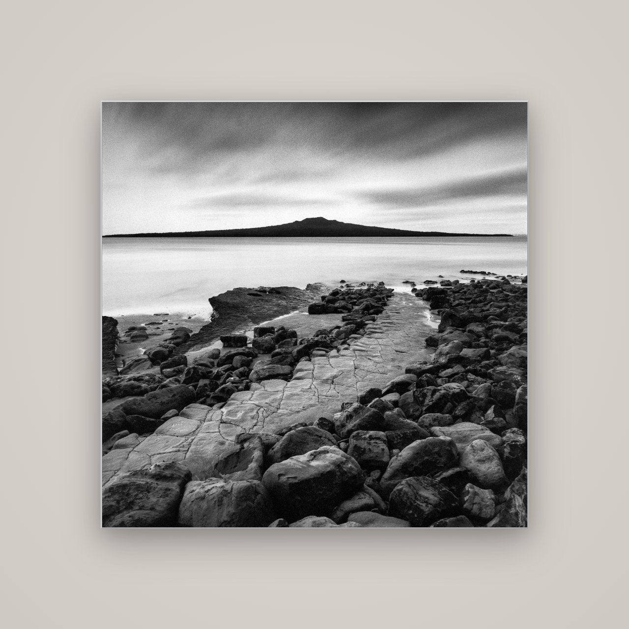 The Path to Rangitoto, Auckland Harbour — Slimline Silver, 120×120 cm. New Zealand fine art wall art by Stephen Milner.