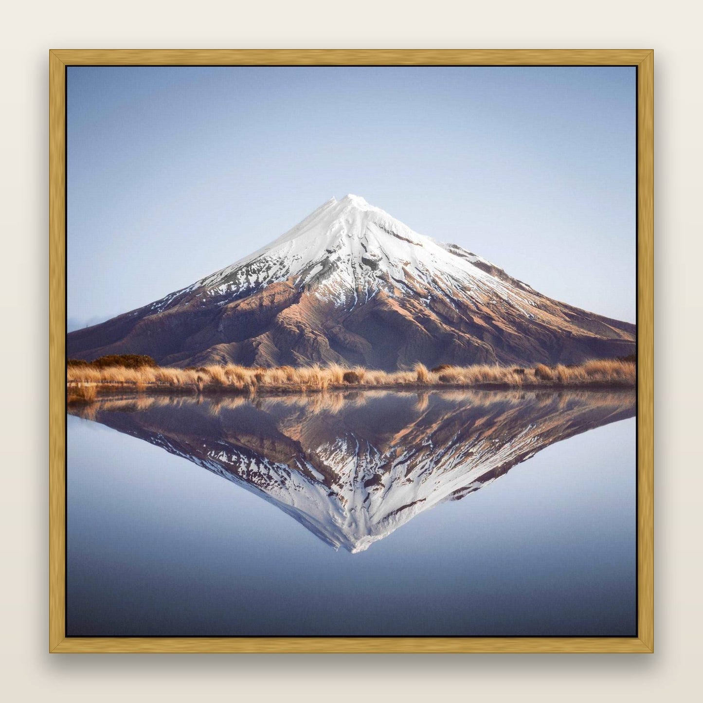 The Point, Mount Taranaki — framed metallic canvas print, Antique Gold frame. New Zealand fine art landscape wall art by Stephen Milner.