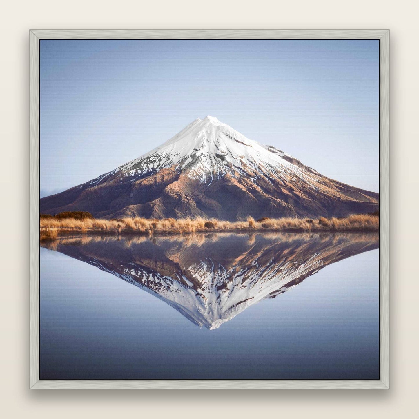 The Point, Mount Taranaki — framed metallic canvas print, Antique Silver frame. New Zealand fine art landscape wall art by Stephen Milner.