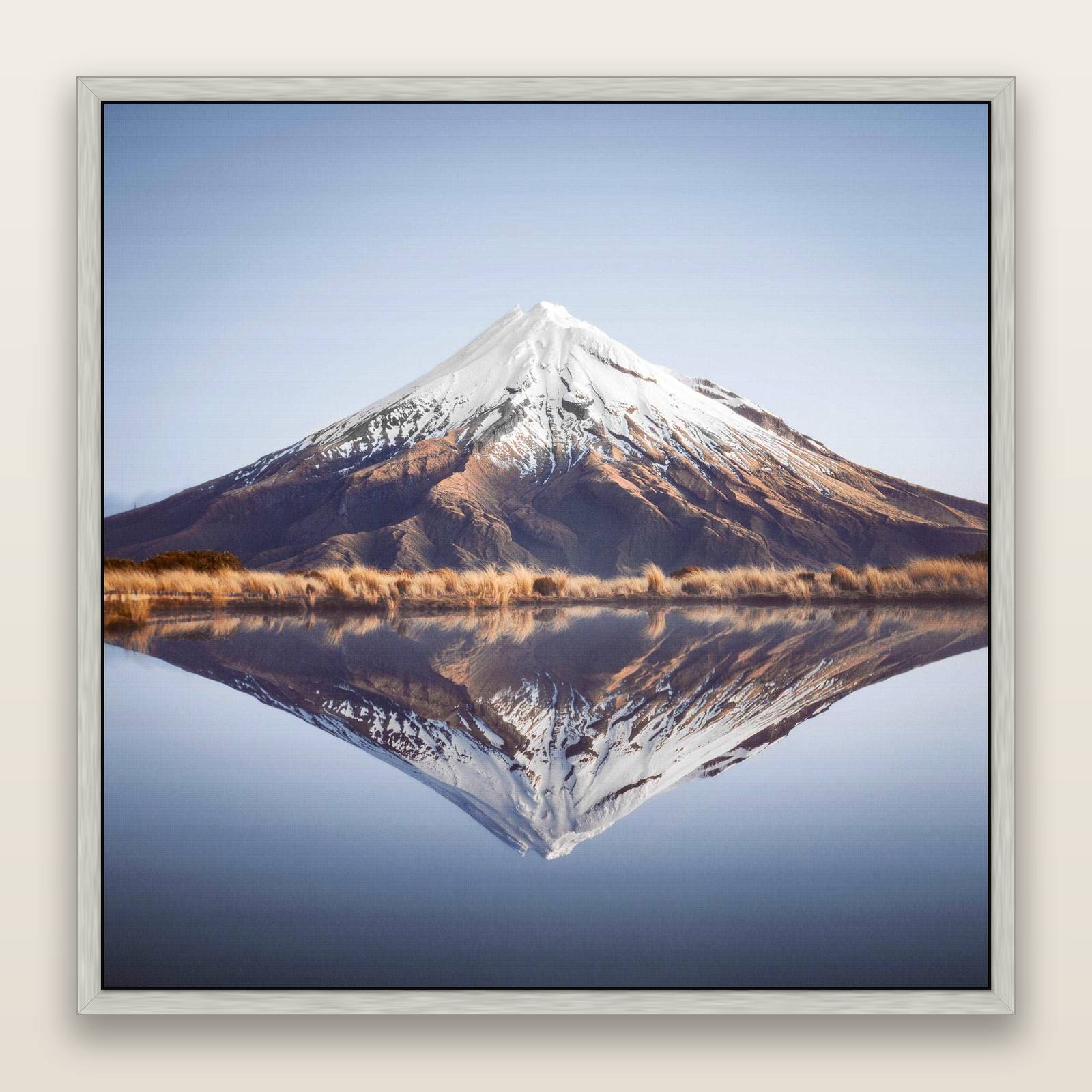 The Point, Mount Taranaki — framed metallic canvas print, Antique Silver frame. New Zealand fine art landscape wall art by Stephen Milner.