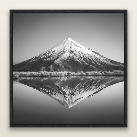 The Point, Mount Taranaki, black and white framed metallic canvas print, Black frame. New Zealand fine art wall art by Stephen Milner.