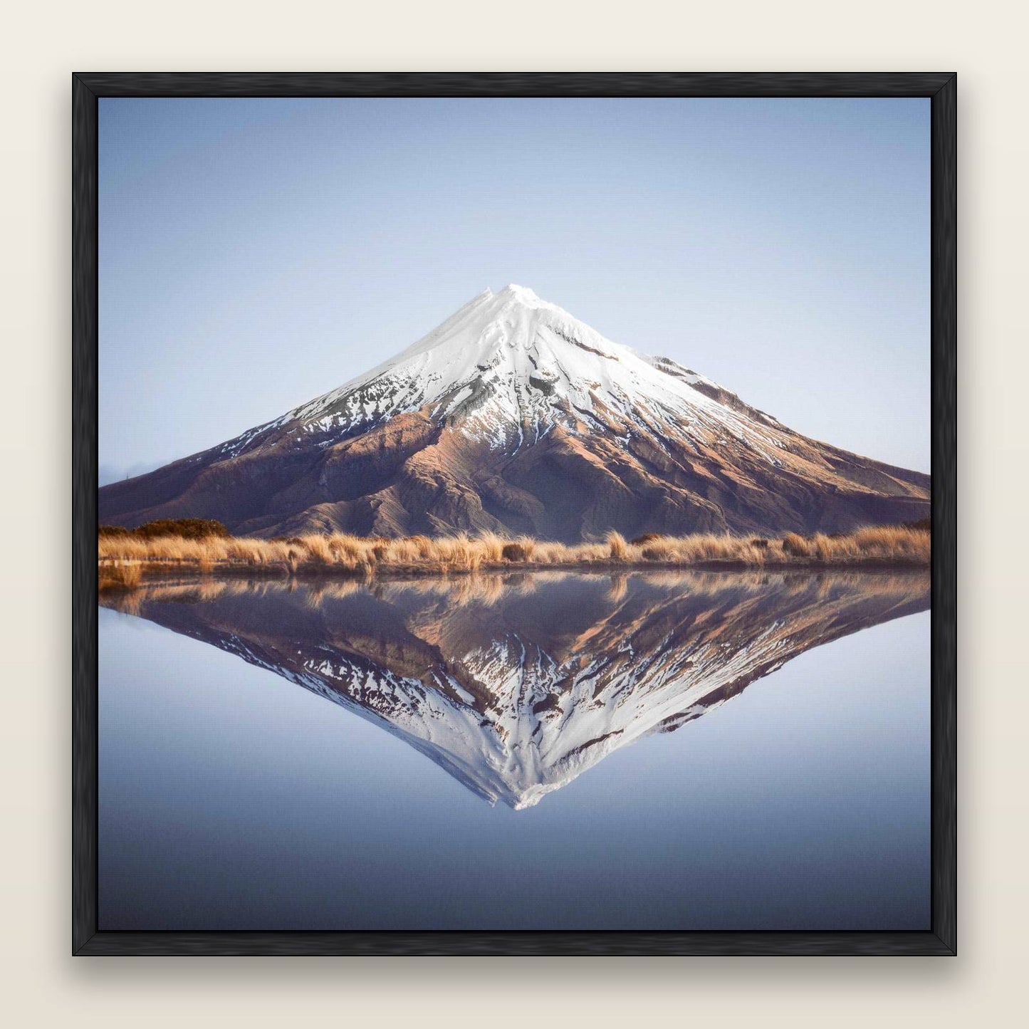 The Point, Mount Taranaki — framed metallic canvas print, Black frame. New Zealand fine art landscape wall art by Stephen Milner.