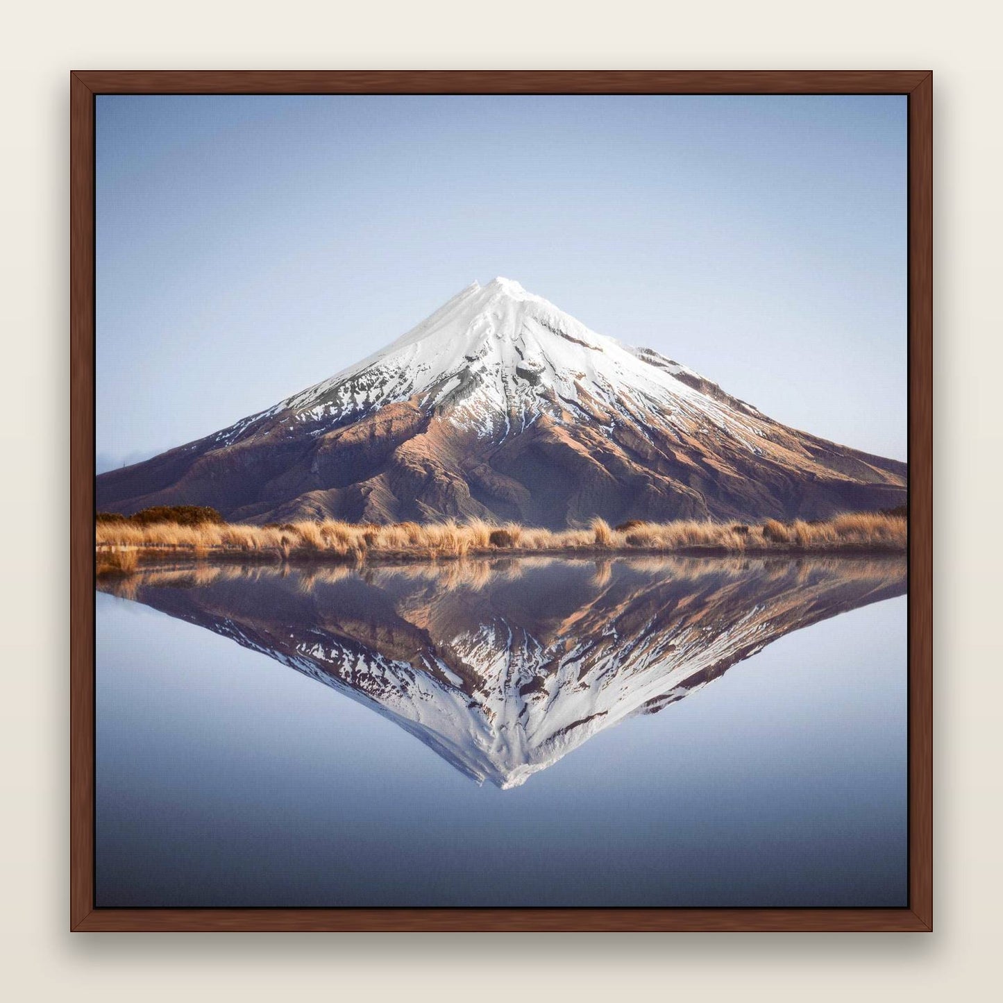The Point, Mount Taranaki — framed metallic canvas print, Brown frame. New Zealand fine art landscape wall art by Stephen Milner.