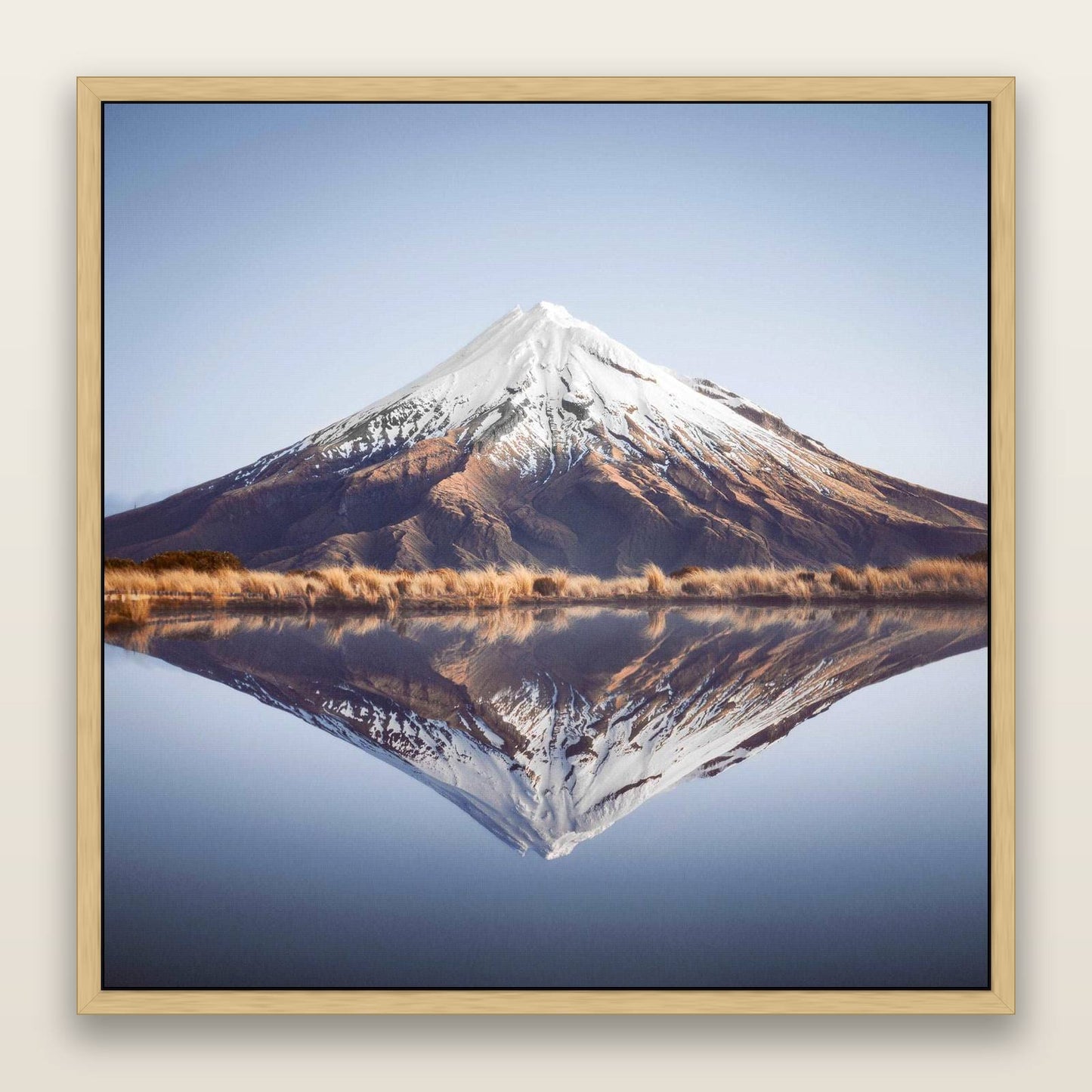 The Point, Mount Taranaki — framed metallic canvas print, Natural frame. New Zealand fine art landscape wall art by Stephen Milner.