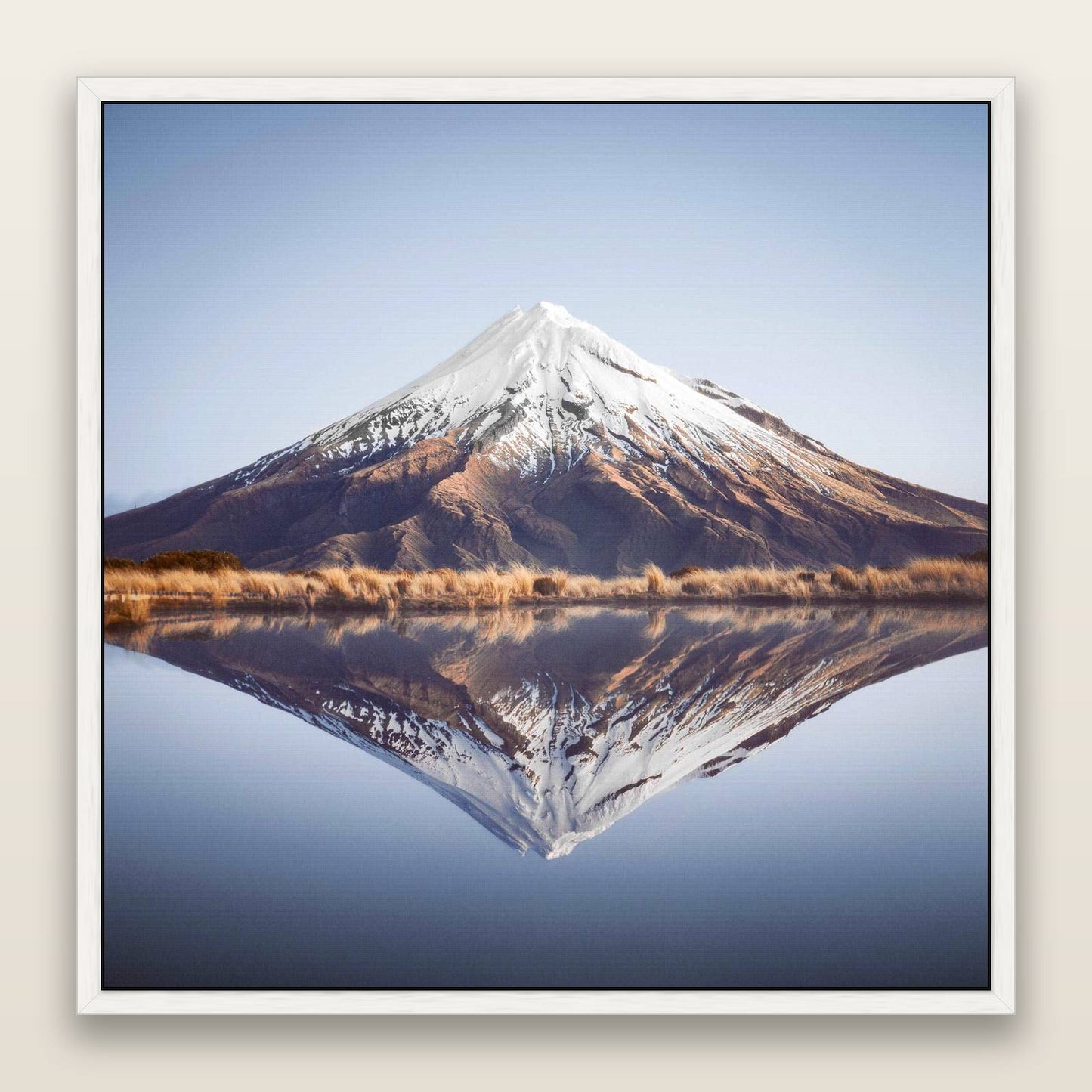 The Point, Mount Taranaki — framed metallic canvas print, White frame. New Zealand fine art landscape wall art by Stephen Milner.